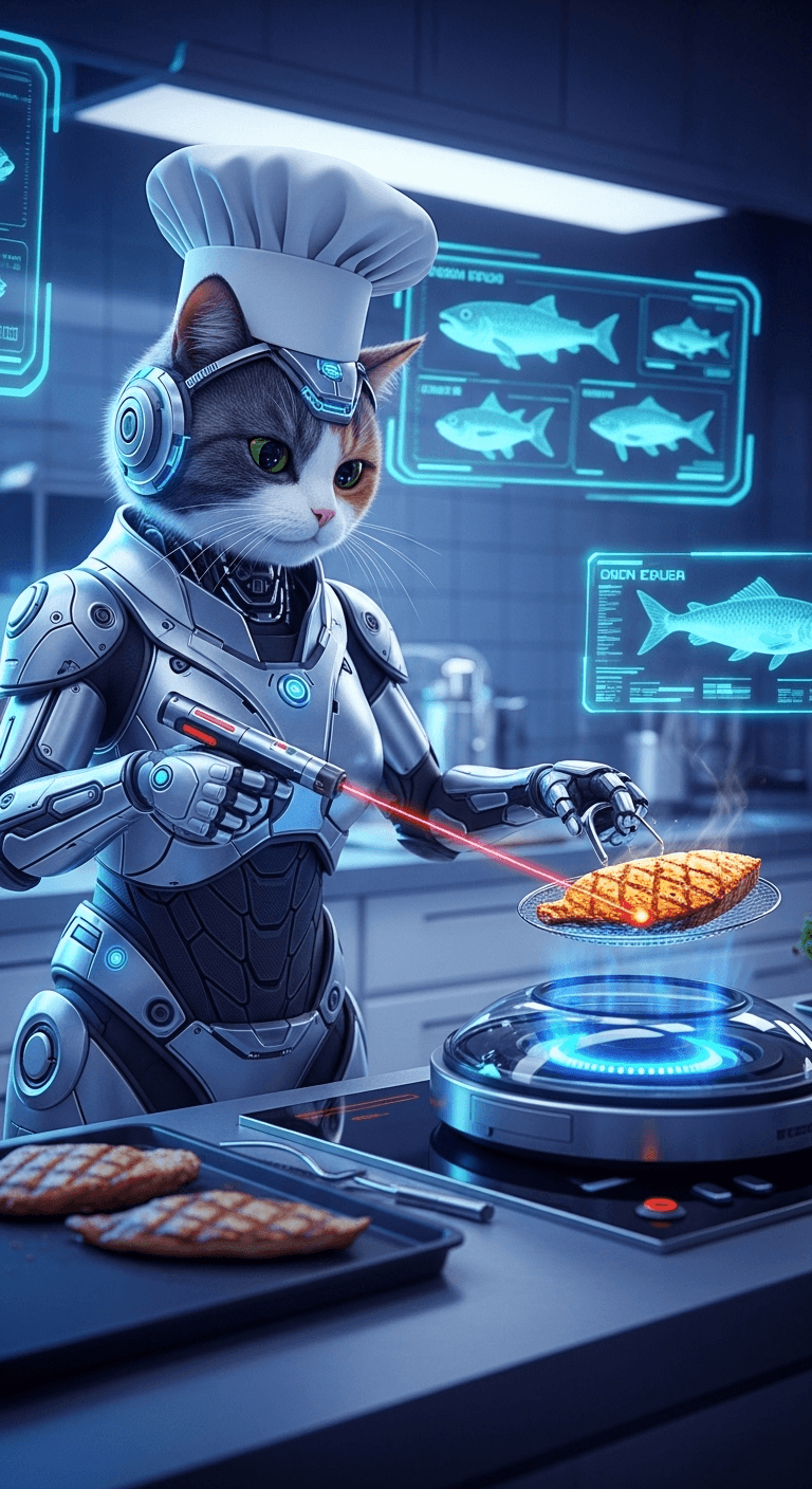 AI generated: A cat in a silver futuristic cybernetic suit with a chef's hat is frying a grilled fish meat that fl...