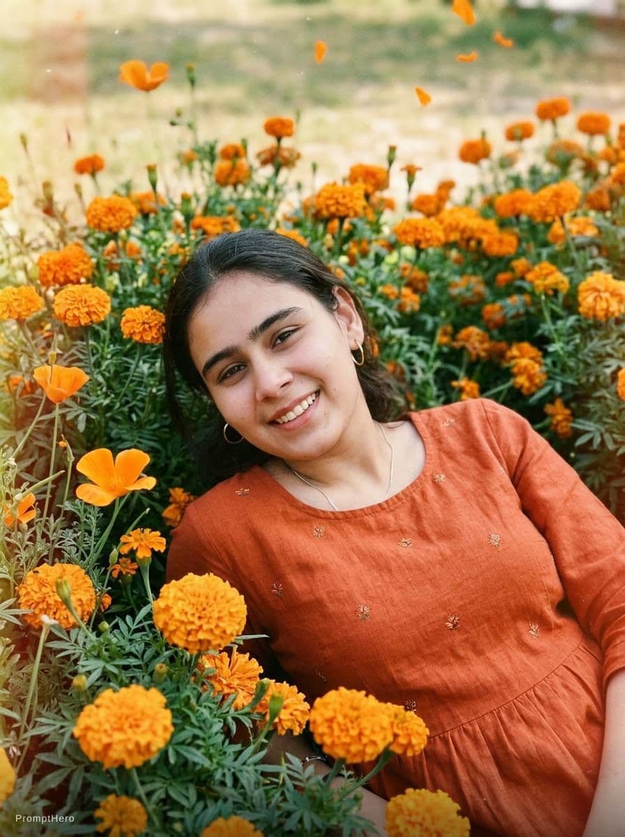 AI generated: Kodak disposable photography of beautiful fashion model with orange dress, laying on orange flower b...