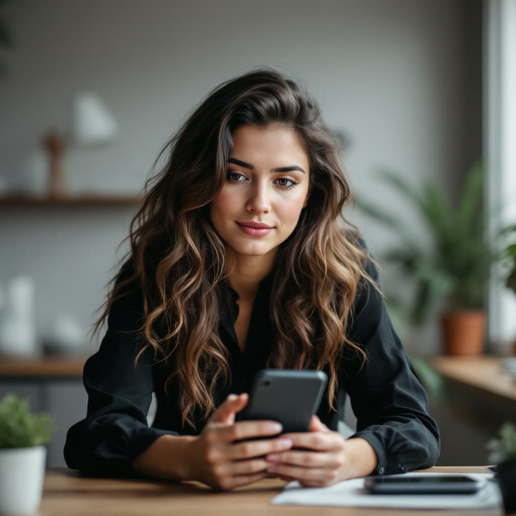 AI generated: Indoor portrait of a woman with wavy brown hair, holding a smartphone, black blouse, devices on tabl...