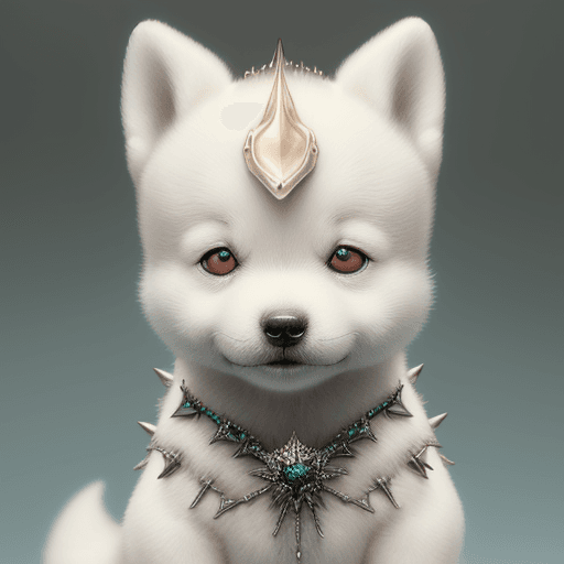AI generated: front direct view portrait of white baby shiba inu, soft elaborate spikes on it's head, metalic skin...