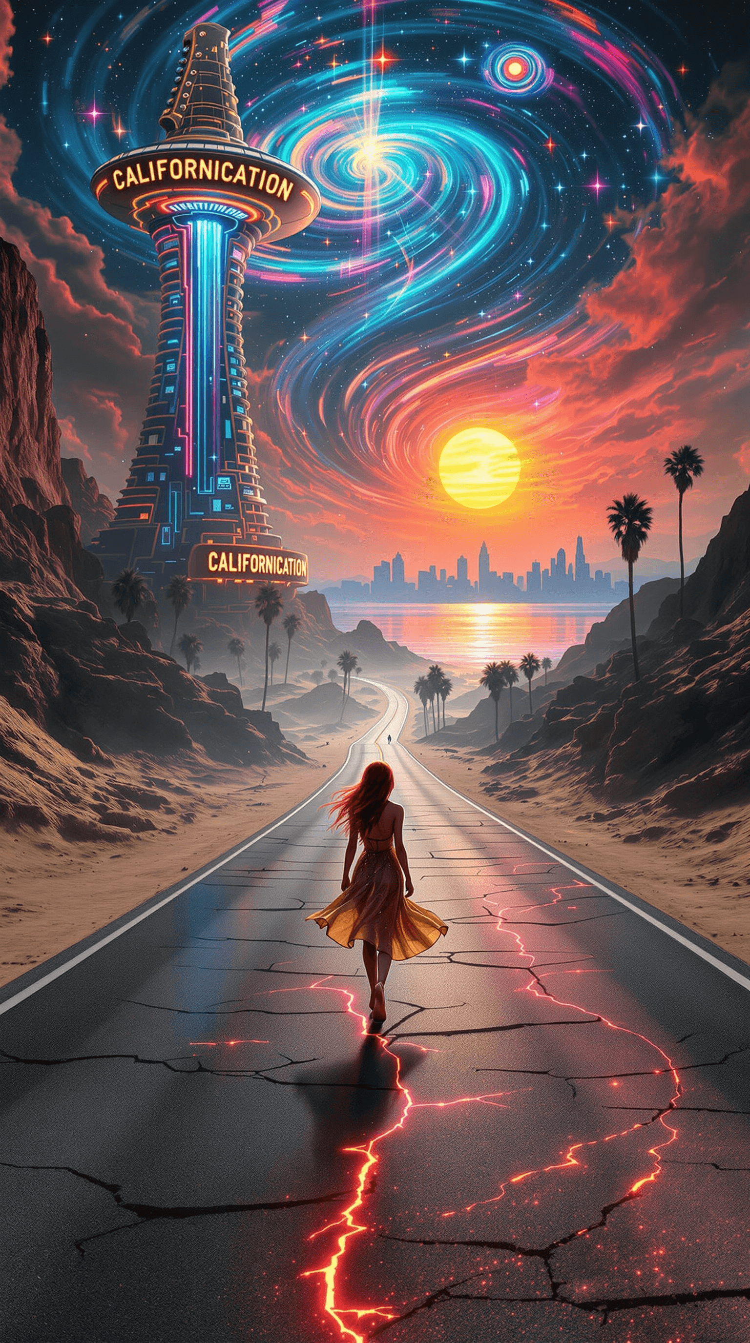 AI generated: A surreal, dreamlike landscape embodying the themes and imagery of *Californication*. The scene seam...