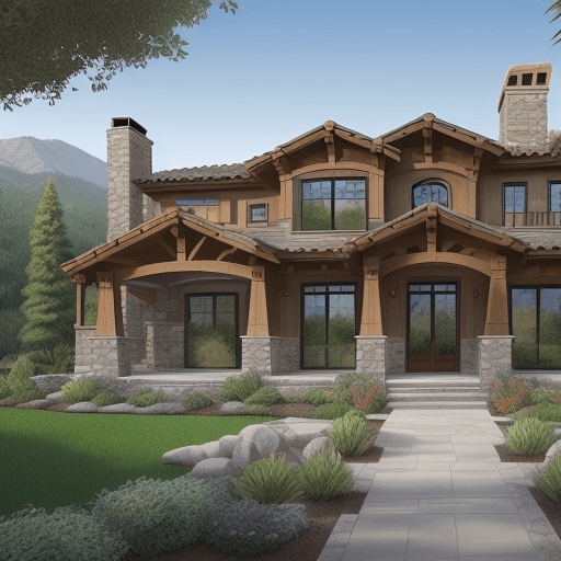 AI generated: precise hand rendering with a sketchy architectural style of a landscape design for a craftsman styl...