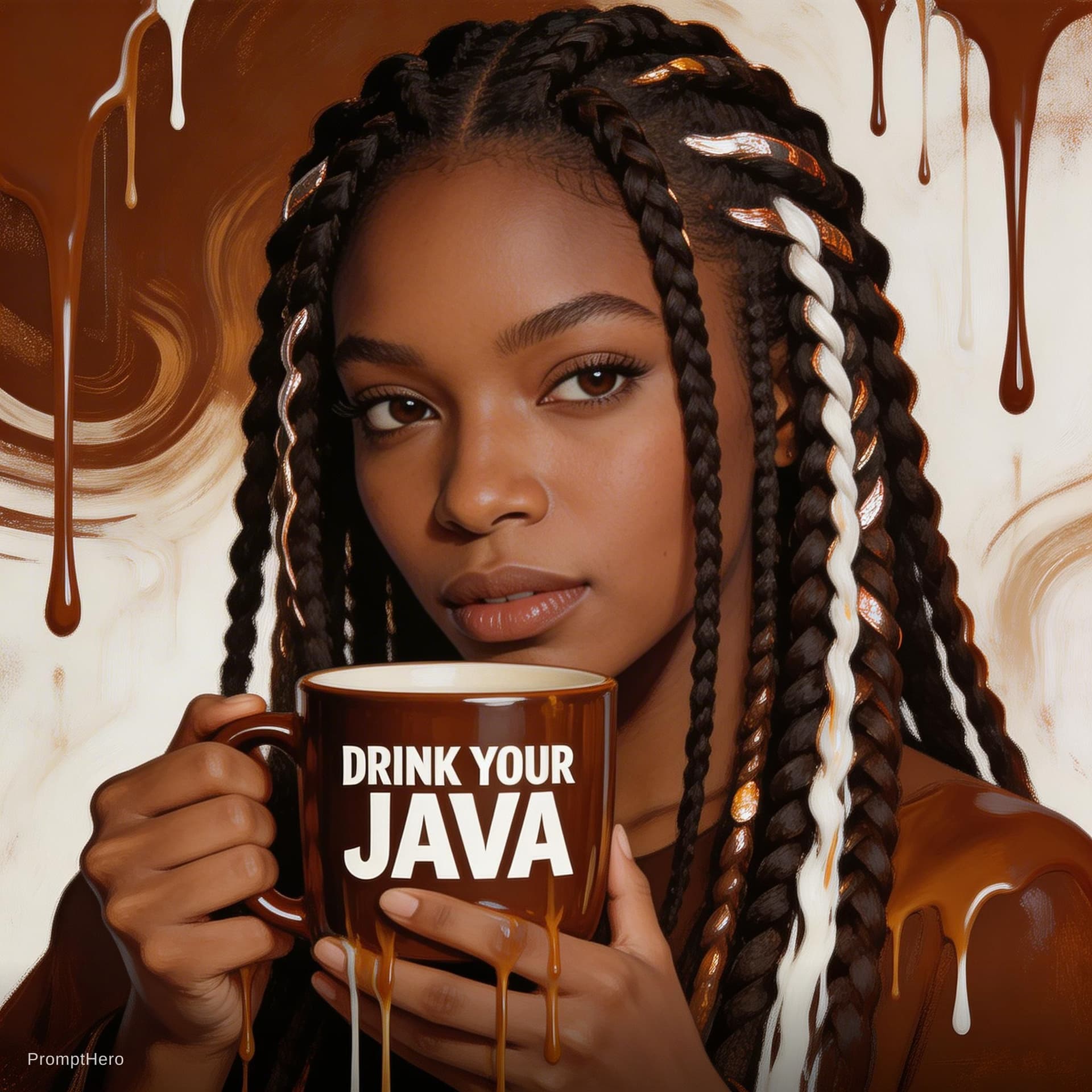 AI generated: drink your java screenshot 3, in the style of surreal illustrations, pop colorism, dark amber and wh...