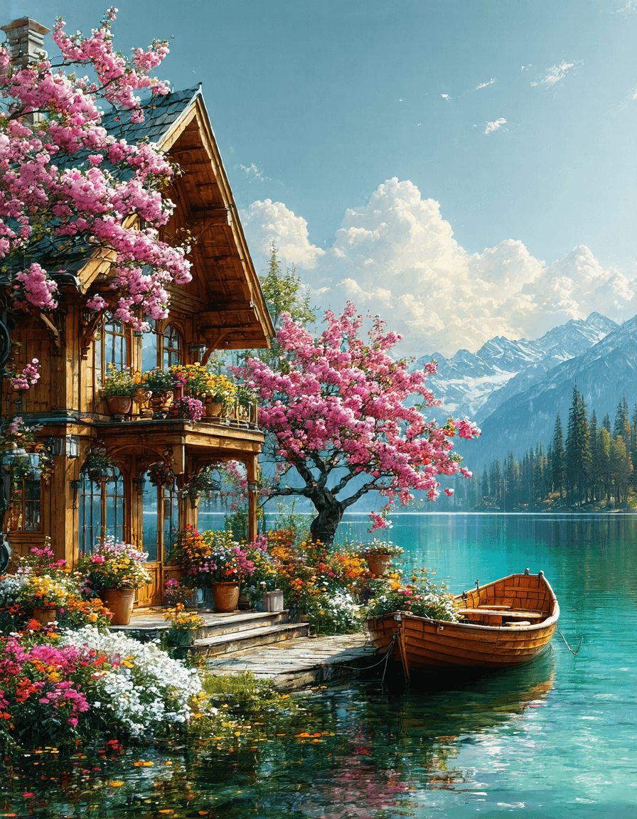 AI generated: The image depicts a serene lakeside scene during what appears to be springtime. A charming wooden ho...