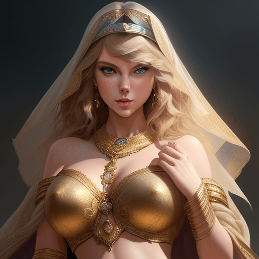 AI generated: portrait of Taylor swift as a godess, large breasts, scarf, veil, gold, belly dance, intricate, head...