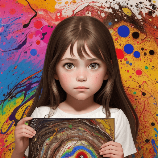 AI generated: 8 year old girl with long brown hair, brown eyes, who is like a jackson pollock making abstract pain...