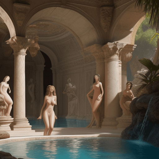 AI generated: beautiful nude woman, beautiful women, multiple nude women, roman, roman pillars, high detail, grott...
