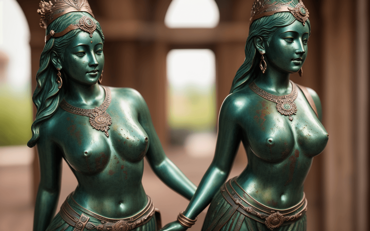 AI generated: copper sun princess statue,(deep green patina:1.3), realism, realistic ,one full body, intricate det...