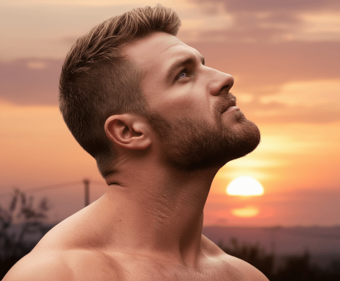 AI generated: His head remains on his profile side, he is looking upright to the sky. His neck muscles are big. Th...