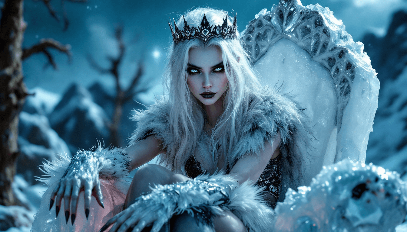 AI generated: 4K, magazine photo shoot quality image of a beautiful 23-year-old platinum blonde ice witch with pie...