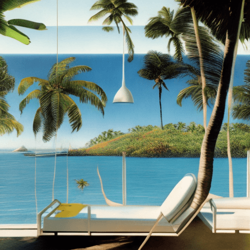AI generated: Hyper realistic eye level exterior coconuts dreaming overlooking the ocean, daylight, indirect light...