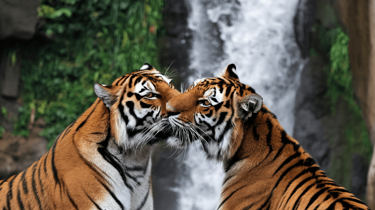 AI generated: Photo of a ultra realistic two tiger kiss together in waterfall
