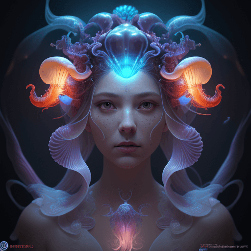 AI generated: Goddess close-up portrait ribcagel. jellyfish phoenix head, nautilus, orchid, skull, betta fish, bio...