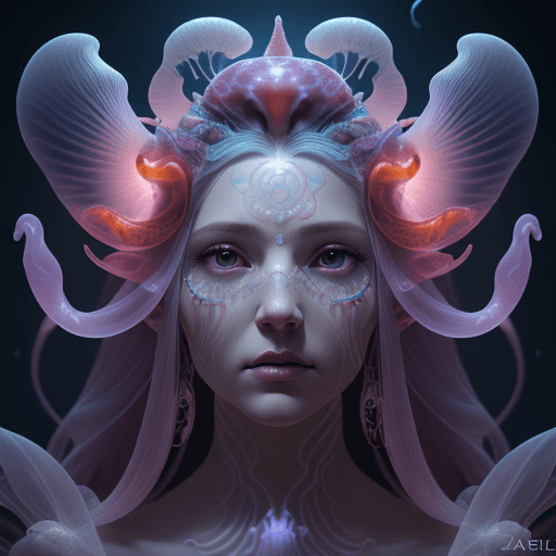 AI generated: Goddess close-up portrait ribcagel. jellyfish phoenix head, nautilus, orchid, skull, betta fish, bio...