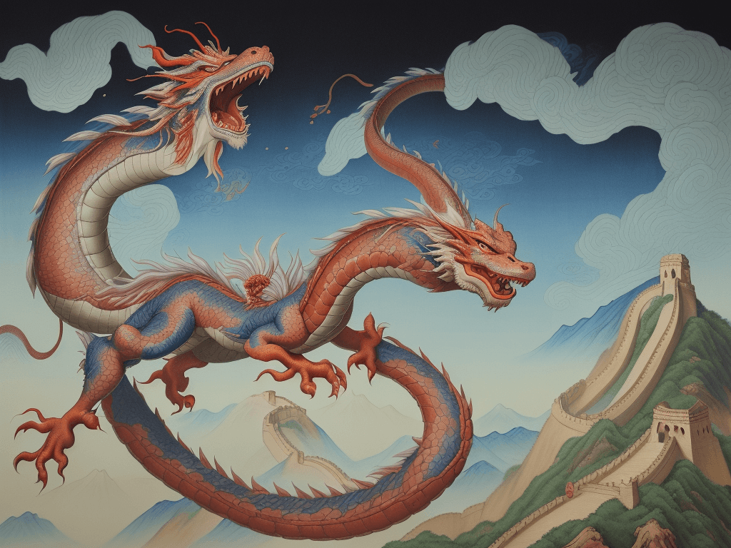 AI generated: A painting of a chinese dragon on great wall， airbrush painting by Kishi Ganku， shutterstock contest...