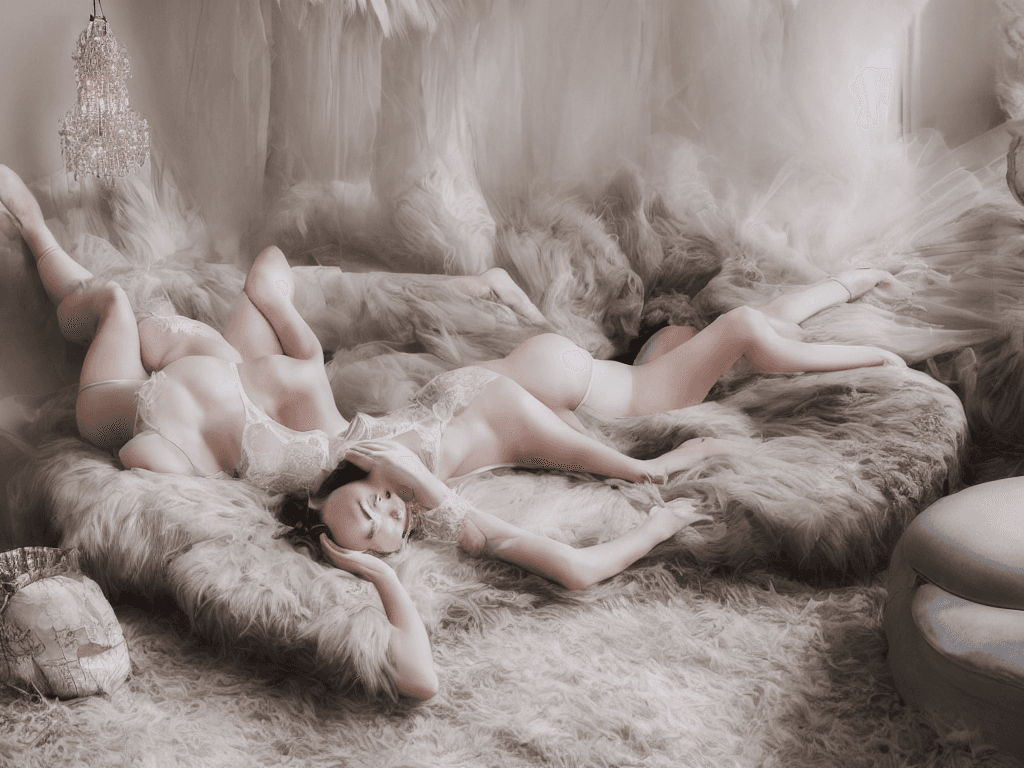 AI generated: high resolution photography lingerie photoshoot, dreamy sunken living room, high ceiling, beige blue...