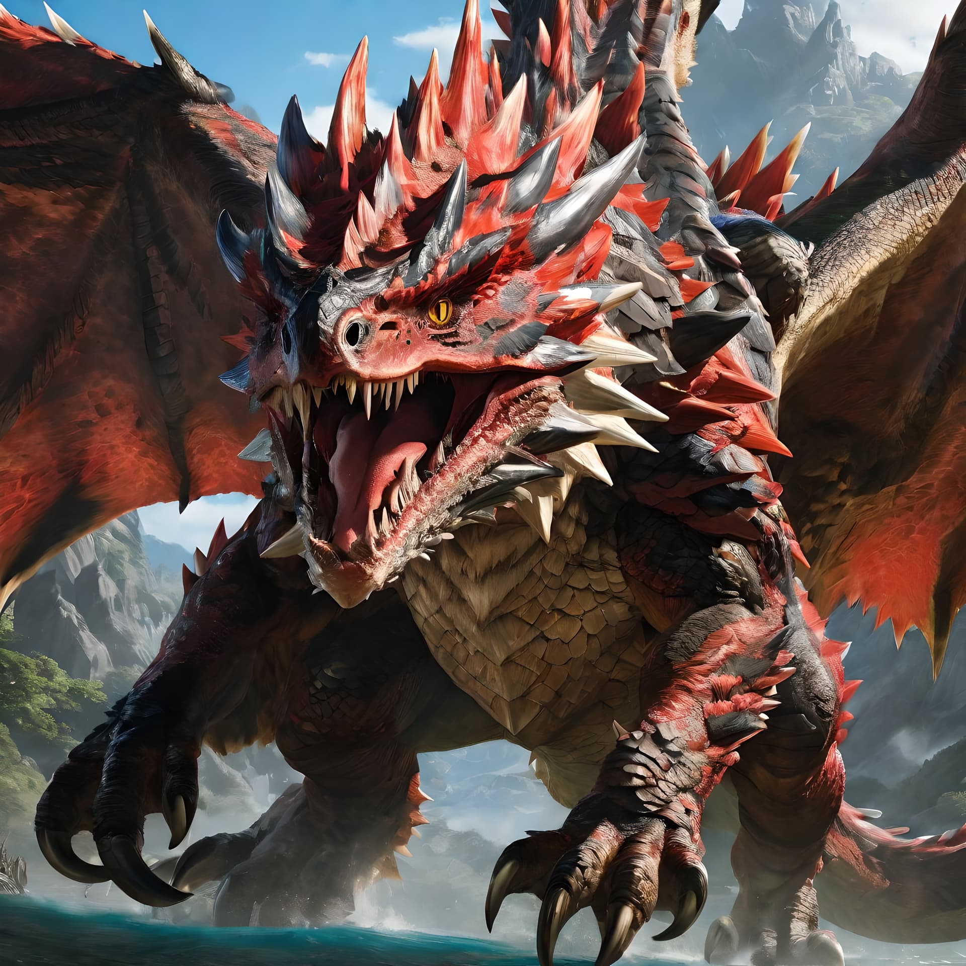 AI generated: Rathalos from monster hunter, detailed scales, detailed eyes, anatomically correct, UHD, highly deta...