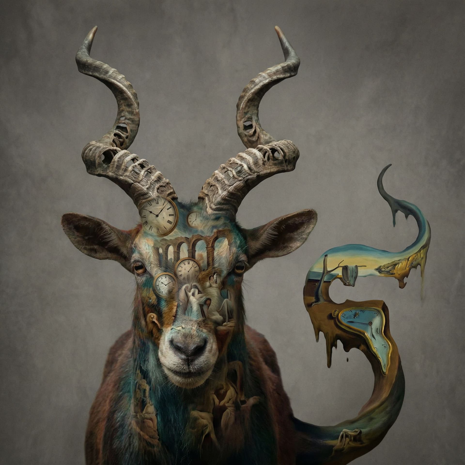 AI generated:  full-face photo, on a gray background, a surreal world inside, on a neutral background, a surreal a...
