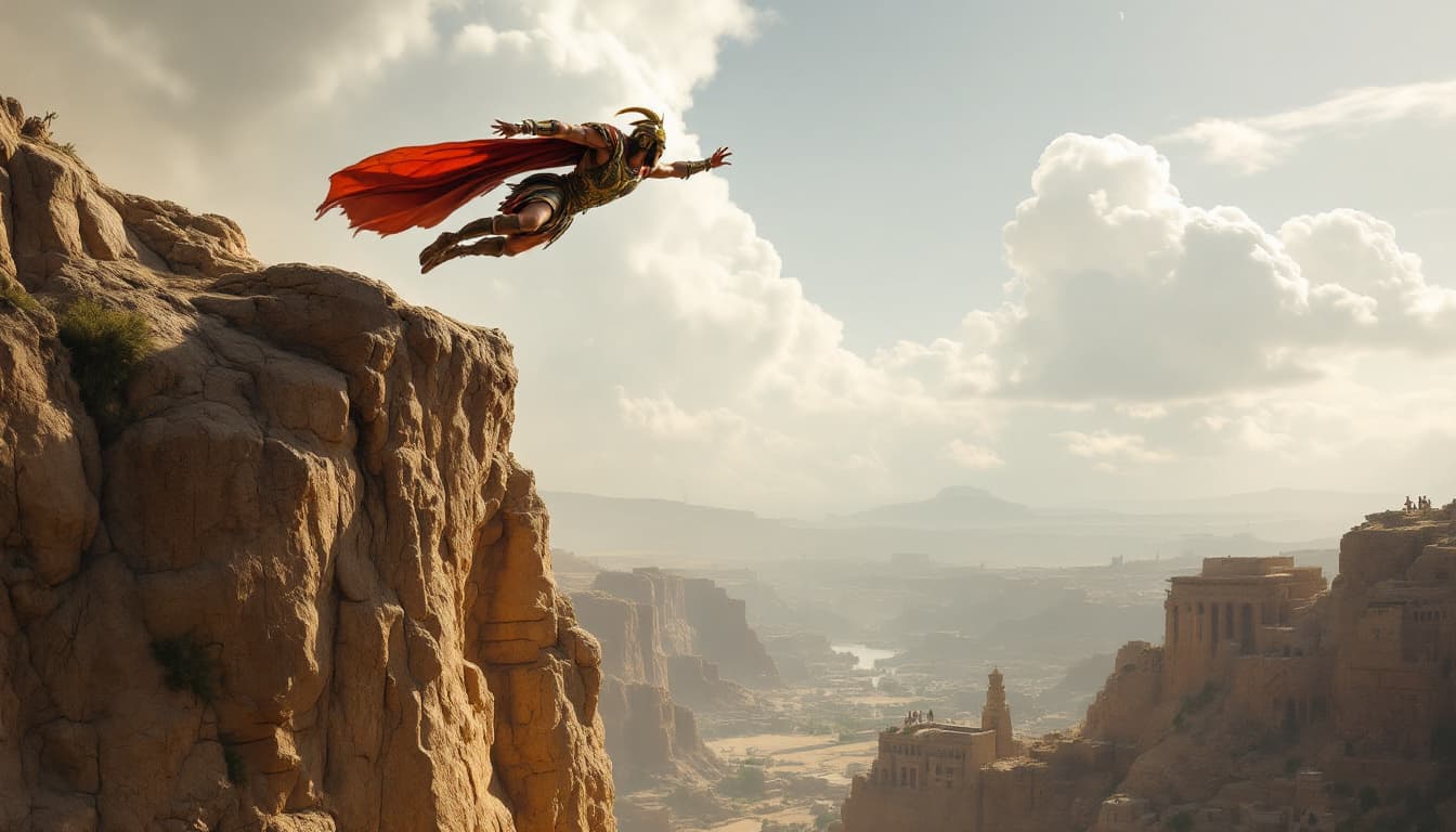 AI generated: Medium shot of Youtab leaping from a cliff, Ariobarzan’s Achaemenid features fierce nearby.
Ariobarz...