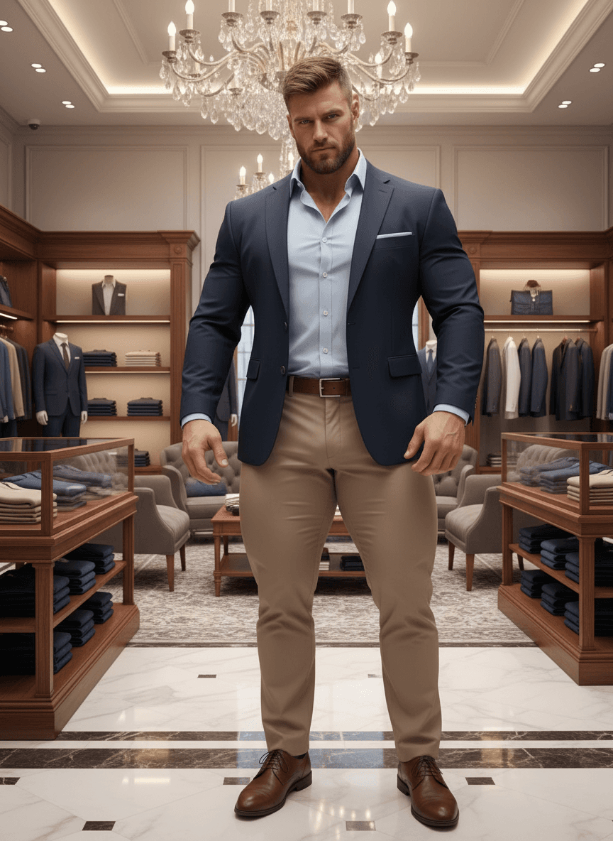 AI generated: At a very luxurious clothing store. His pants are beige, he has a dress baby blue shirt long sleeve....