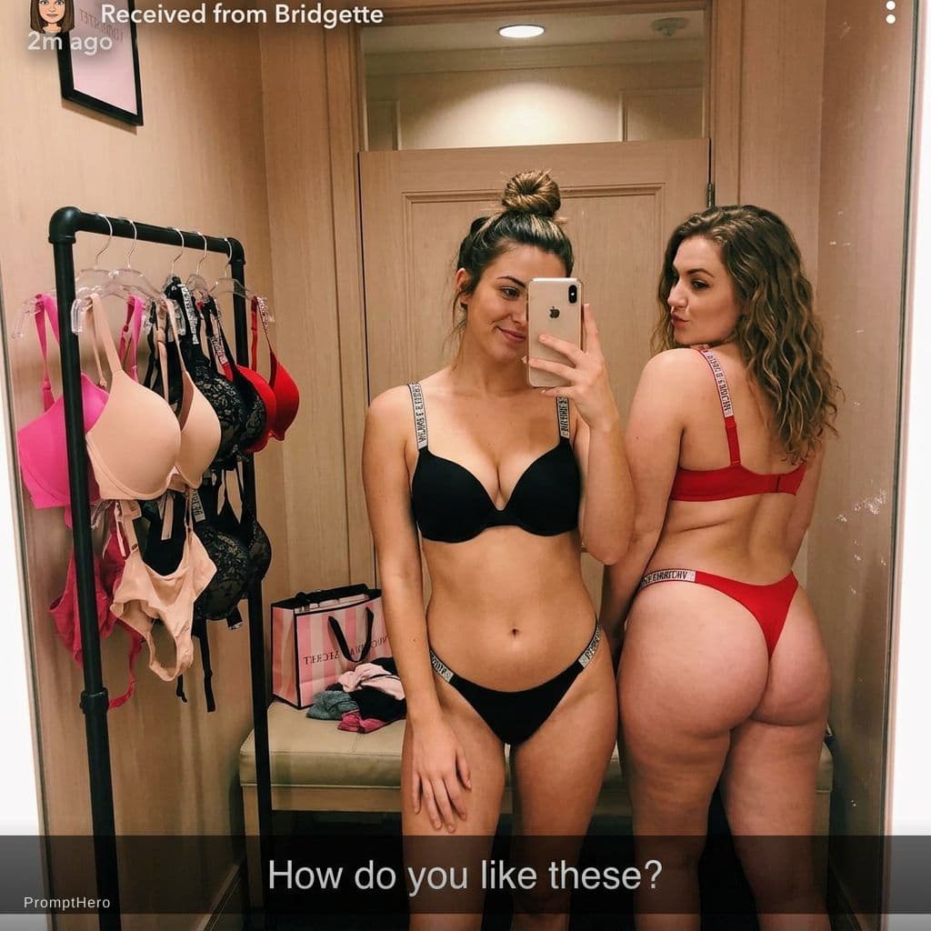AI generated: Two 25 year old white women take a mirror selfie in a dressing room. The dressing room rack has mult...