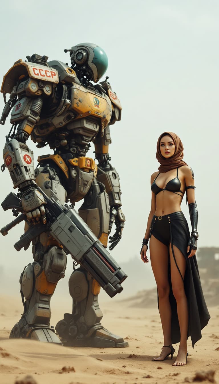 AI generated: A cinematic scene set in a post-apocalyptic desert landscape. To the left, a towering, battle-worn r...