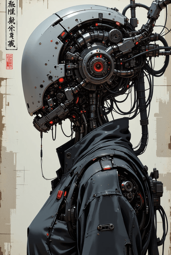 AI generated: Drawing, portrait of a faceless cyborg with mechanical parts and cables, intricate details, Chinese ...