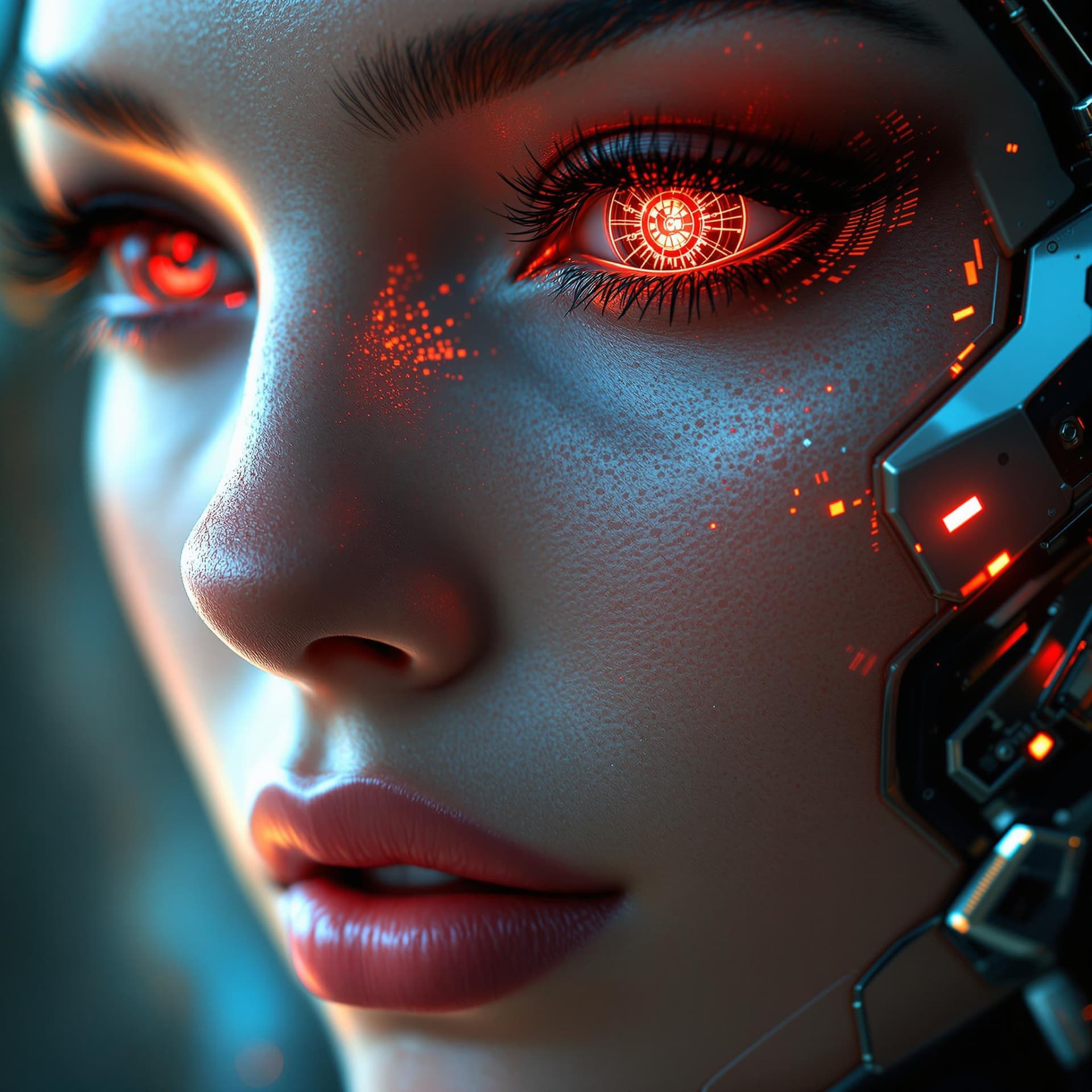 AI generated: elle is a cyberpunk woman with a cyber bio-mechanical face. Detailed human skin texture integrates s...