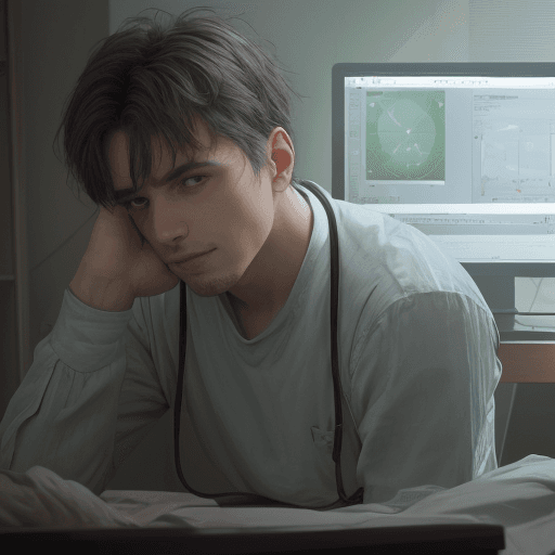 AI generated: A 28 years old casual man professional trader sit on his room, a lone figure sitting, the atmosphere...
