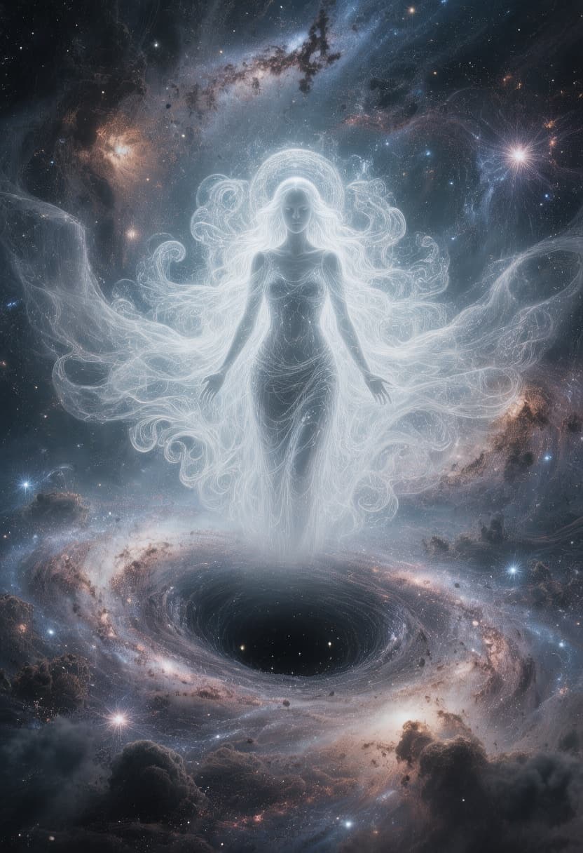 AI generated: a supernatural being emerging from a white aura that is centred in a galactic abyss, full of stars c...