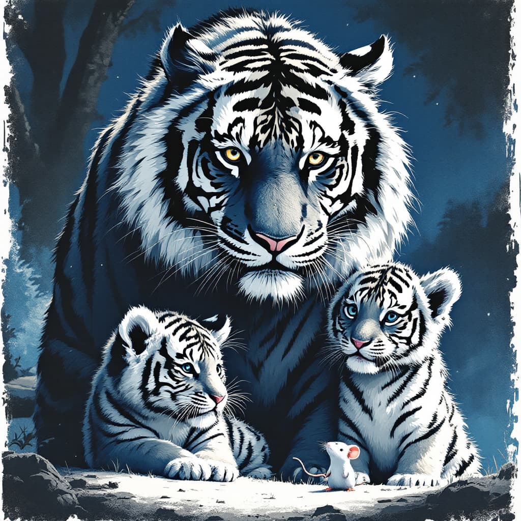 AI generated: movie poster, A tiger and two tiger cubs, and a small mouse in black white and blue, in the style of...