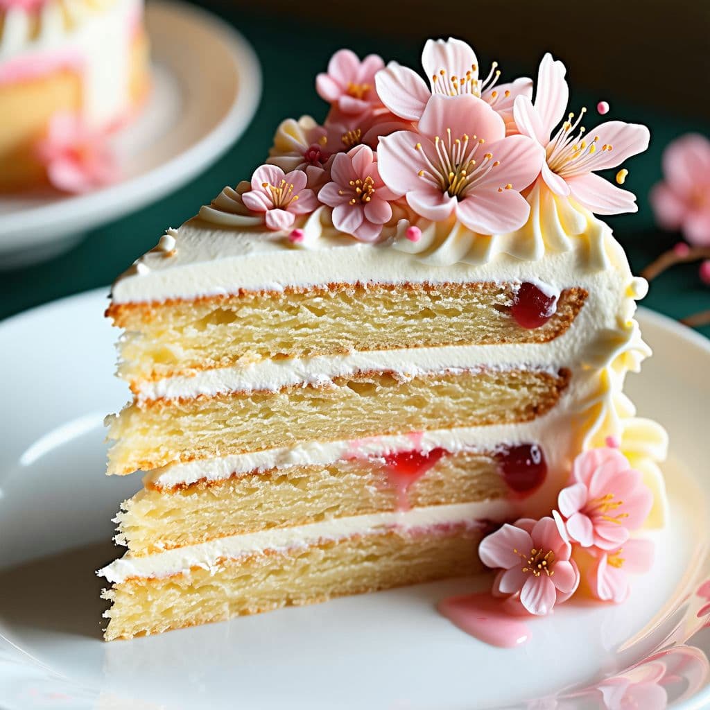 AI generated: Close up photograph of a slice of layered cake with a cherry blossom theme, a layer of fruit filling...
