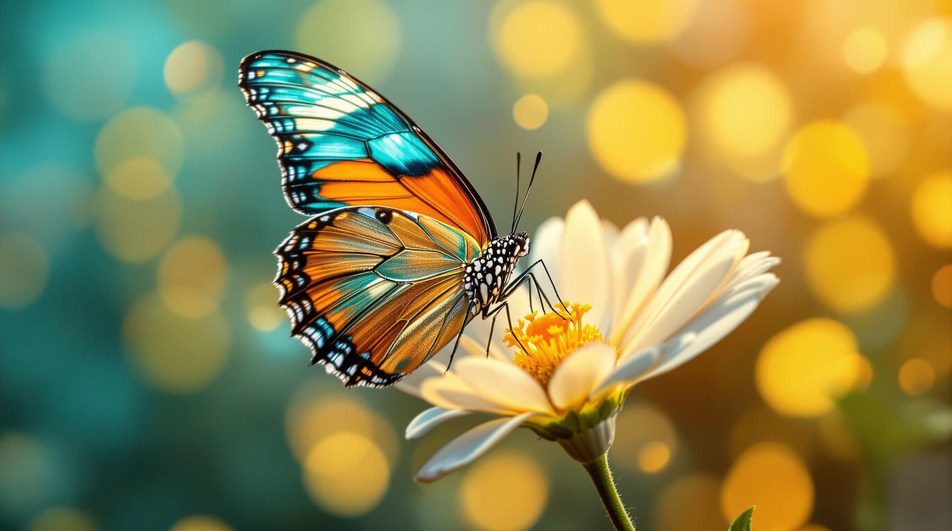 AI generated:  Un papillon vibrant se perche délicatement au centre d'une fleur épanouie. Les ailes du papillon pr...