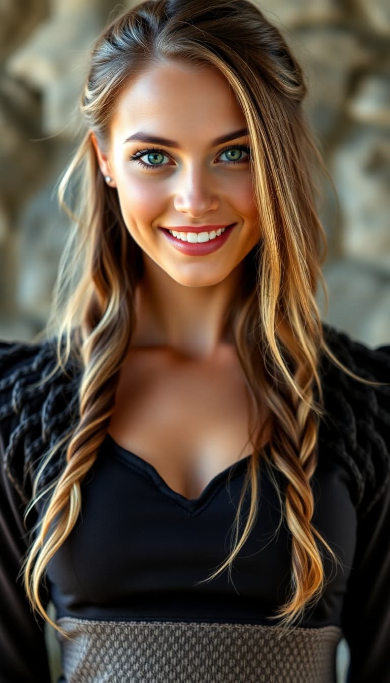 AI generated: viking woman, long brunette hair with blonde highlights, green eyes, full lips, big smile, wearing a...