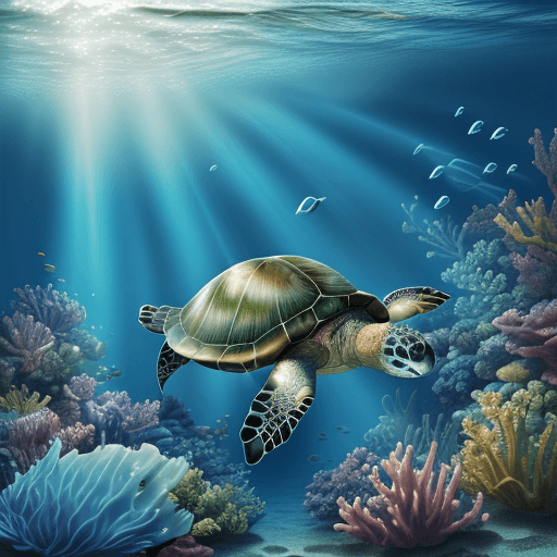 AI generated: Photorealistic photo of a turtle swimming in colorful water, very detailed,  rays of the sun streami...
