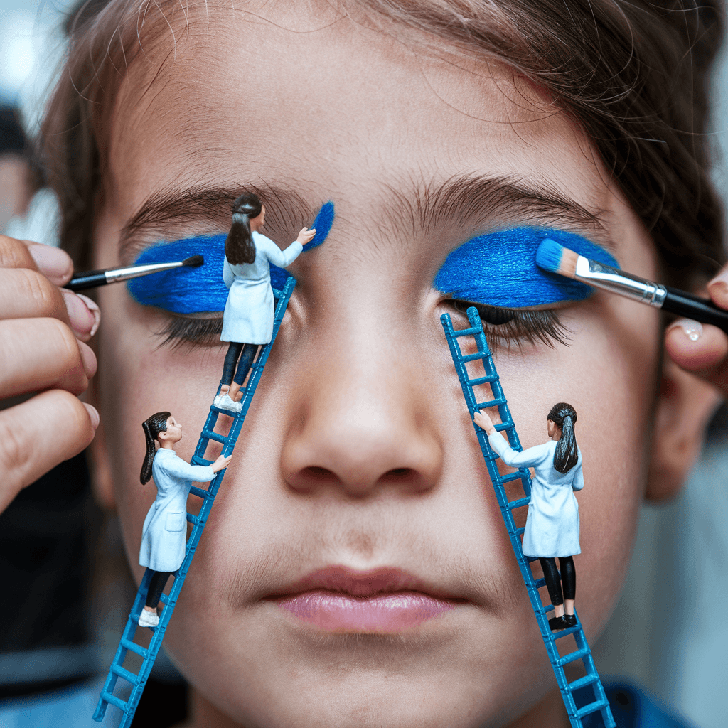 AI generated: Miniature girls in white coats stand on small ladders that lean on the girl's face, this is a macro ...