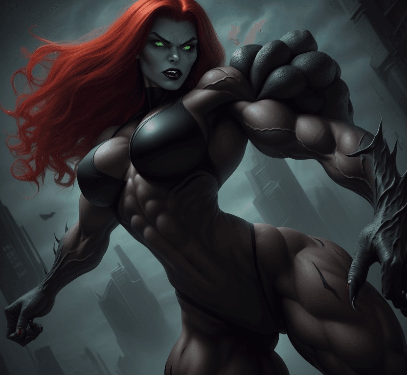 AI generated: 1 young beautiful bodybuilder woman with a wide strong jaw wearing a black monster symbiote, red hai...