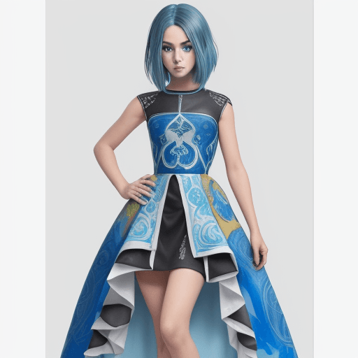 AI generated: Dibujo de figurín, diseño de moda pintado, lleva un vestido de color azul, largo hasta la rodilla, c...