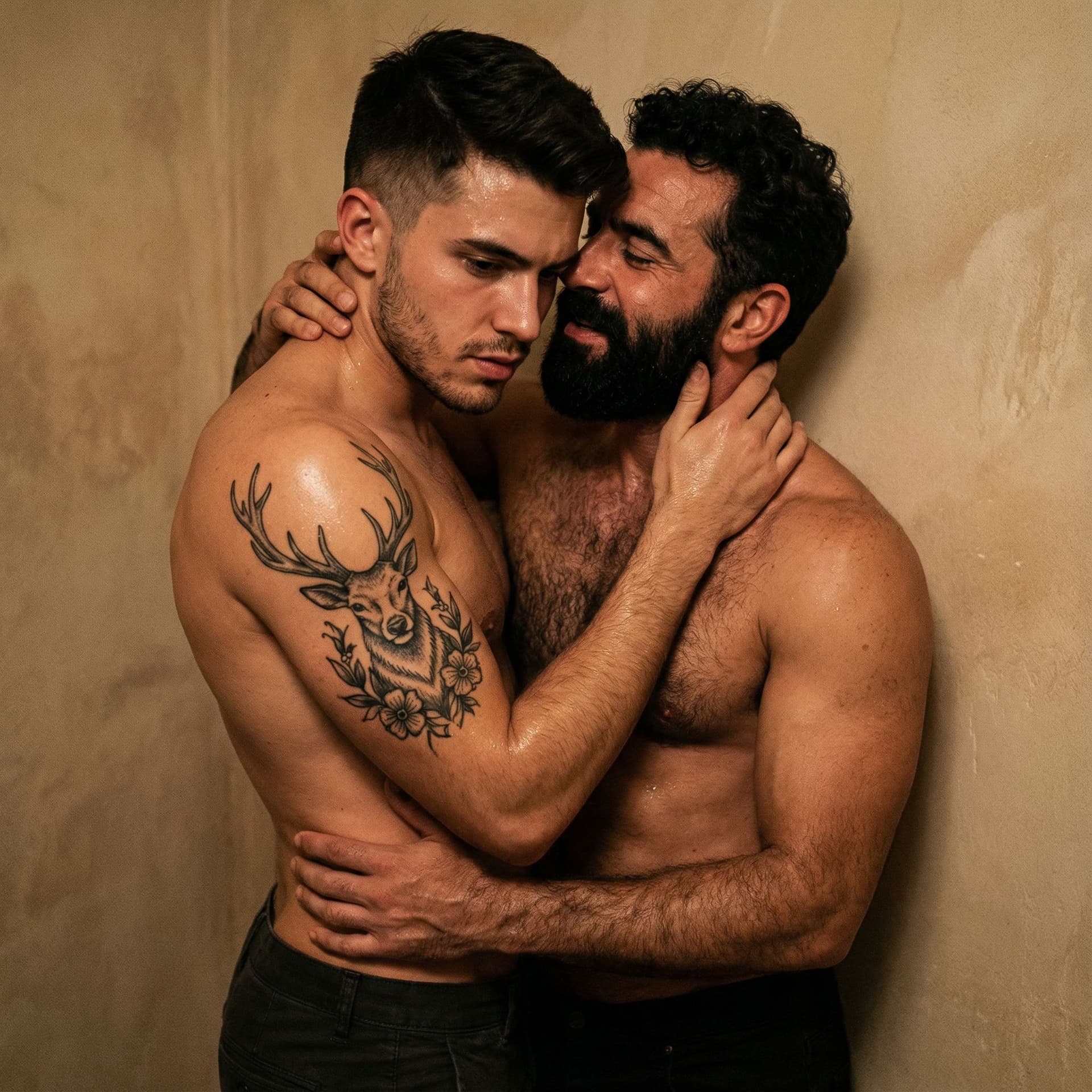 AI generated: "Photo intime en plan moyen vertical, deux hommes torses nus musclés enlacés passionnément contre un...