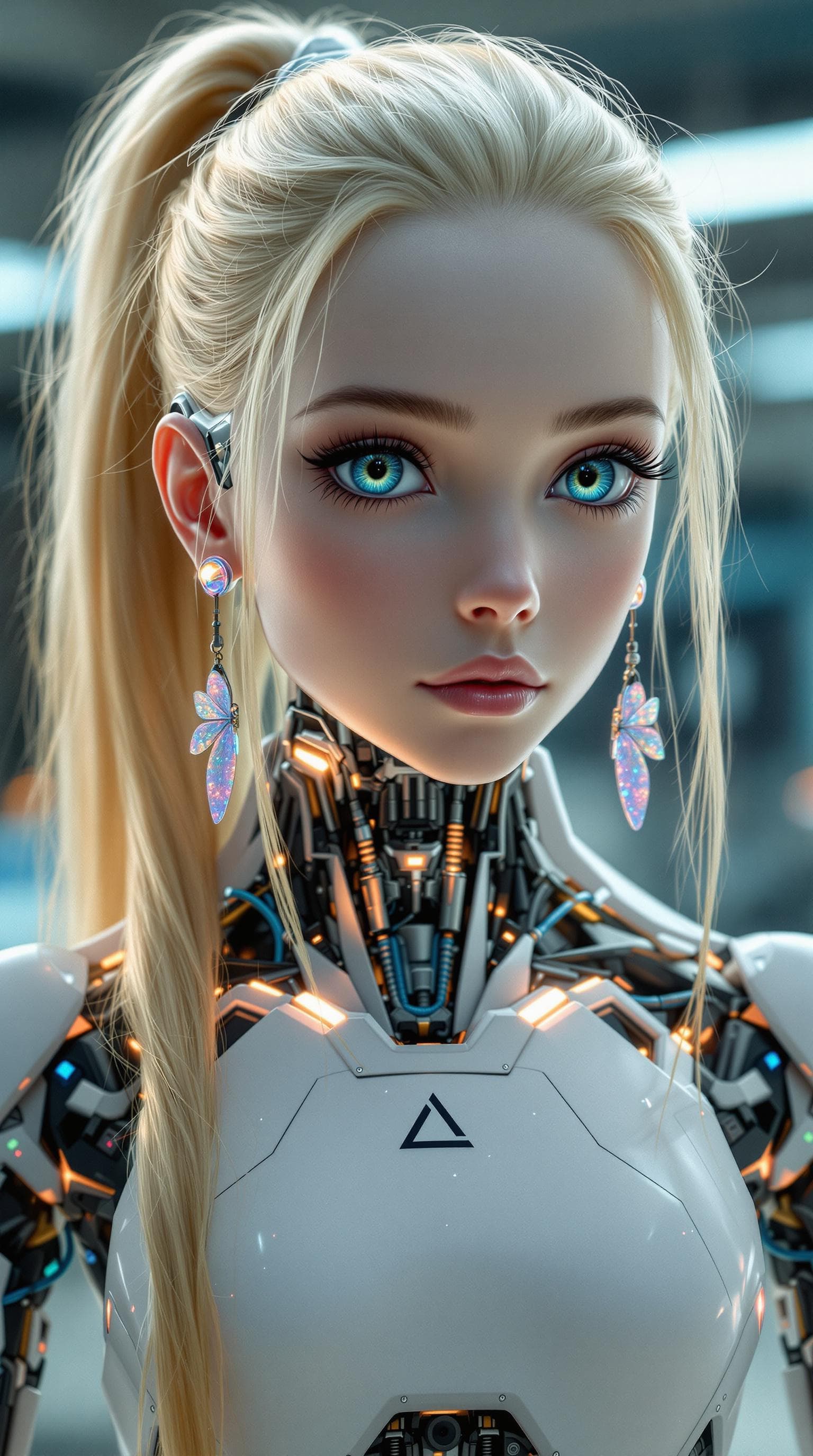 AI generated: exceptionally beautiful blonde hair blue eyed (age 7), artificial intelligence robot, (futuristic),(...