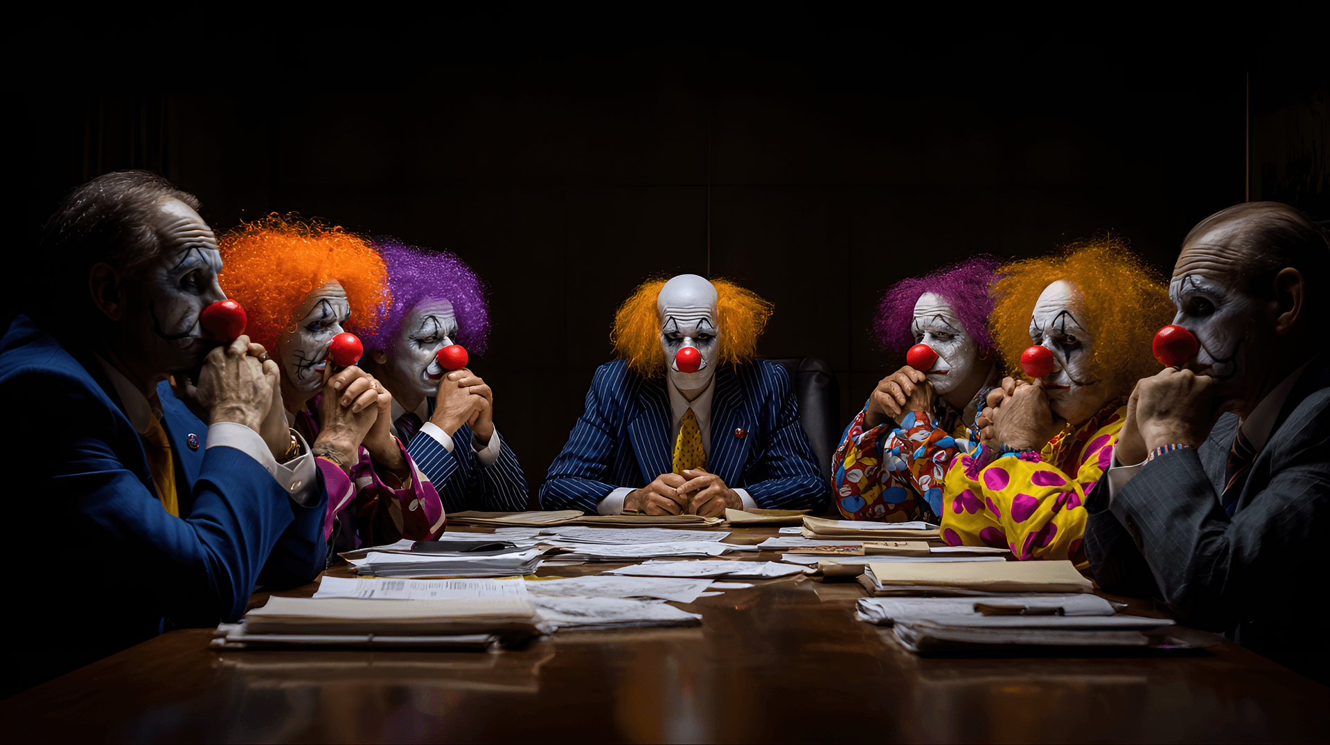 AI generated: Group of clowns in business meeting, indoor shot, dramatic lighting,  middle-aged men, Caucasian, we...