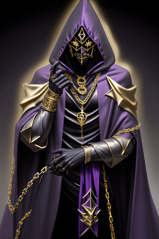 AI generated: Shadow wizard money gang, in purple cloak hood, dark face, gold chains and jewellery. Gold triangle ...