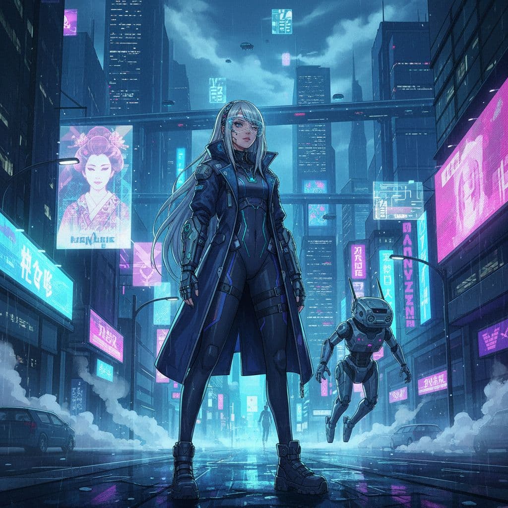 AI generated: quiero crear una imagen cyberpunk con unos colores tonos frios  y quiero que la ropa se vea futurist...