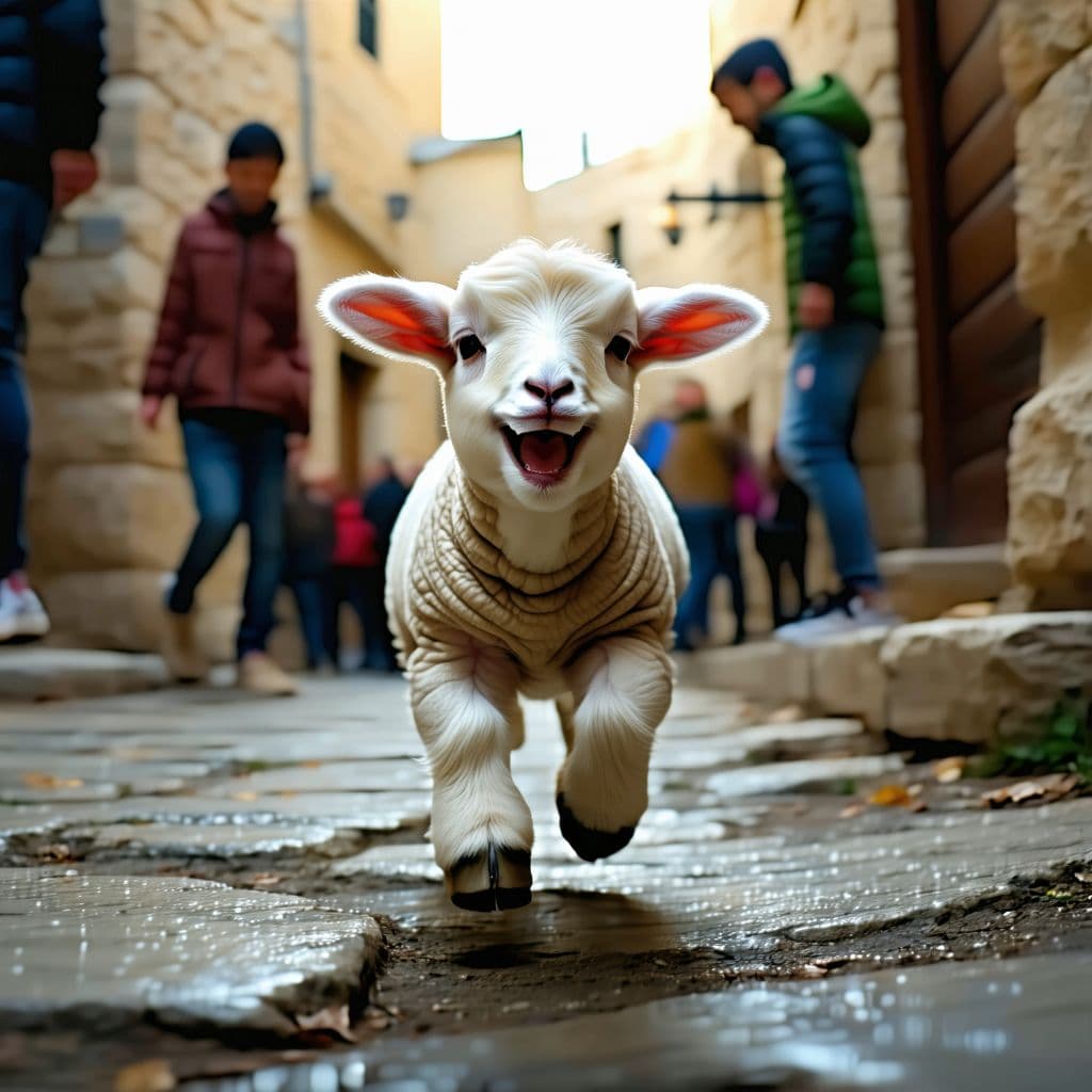 AI generated: a baby lamb running and laughing, streets of jerusalem, dark lights, cinematic, hyper realistic, det...