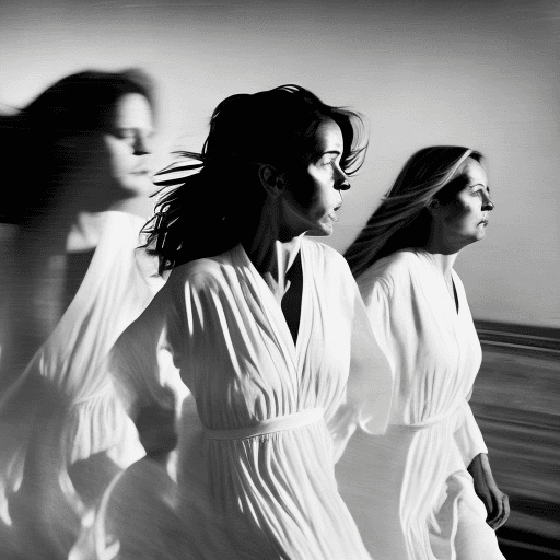 AI generated: black and white photograph of women running in white nightgowns, facing the camera in the style of i...