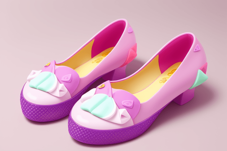 AI generated: Create a Melissa pair of shoe with the Fini candy aesthetic, it must be very fun and colorful. Use t...