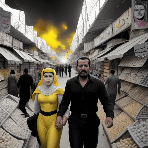 AI generated: A scene from a black and white comic book in a Baghdad market, a man with his wife in the middle of ...