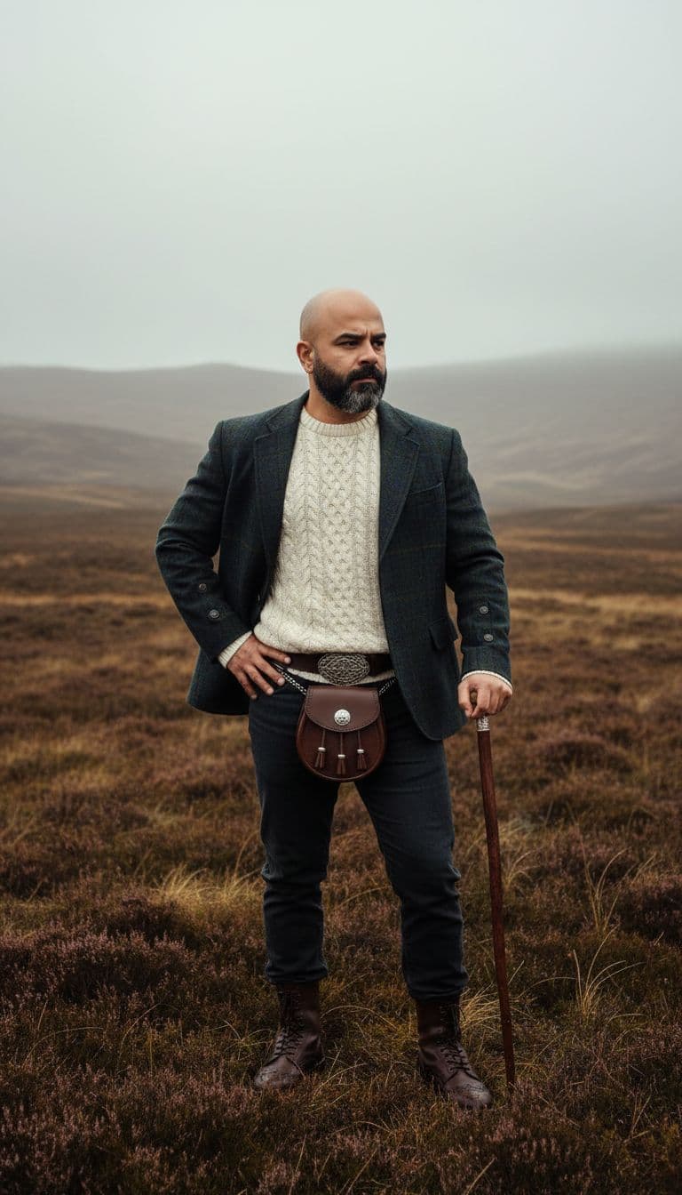 AI generated: (Highland Heritage):
Subject: A proud late-20s man. Clothing: Harris Tweed jacket (dark green/blue ...