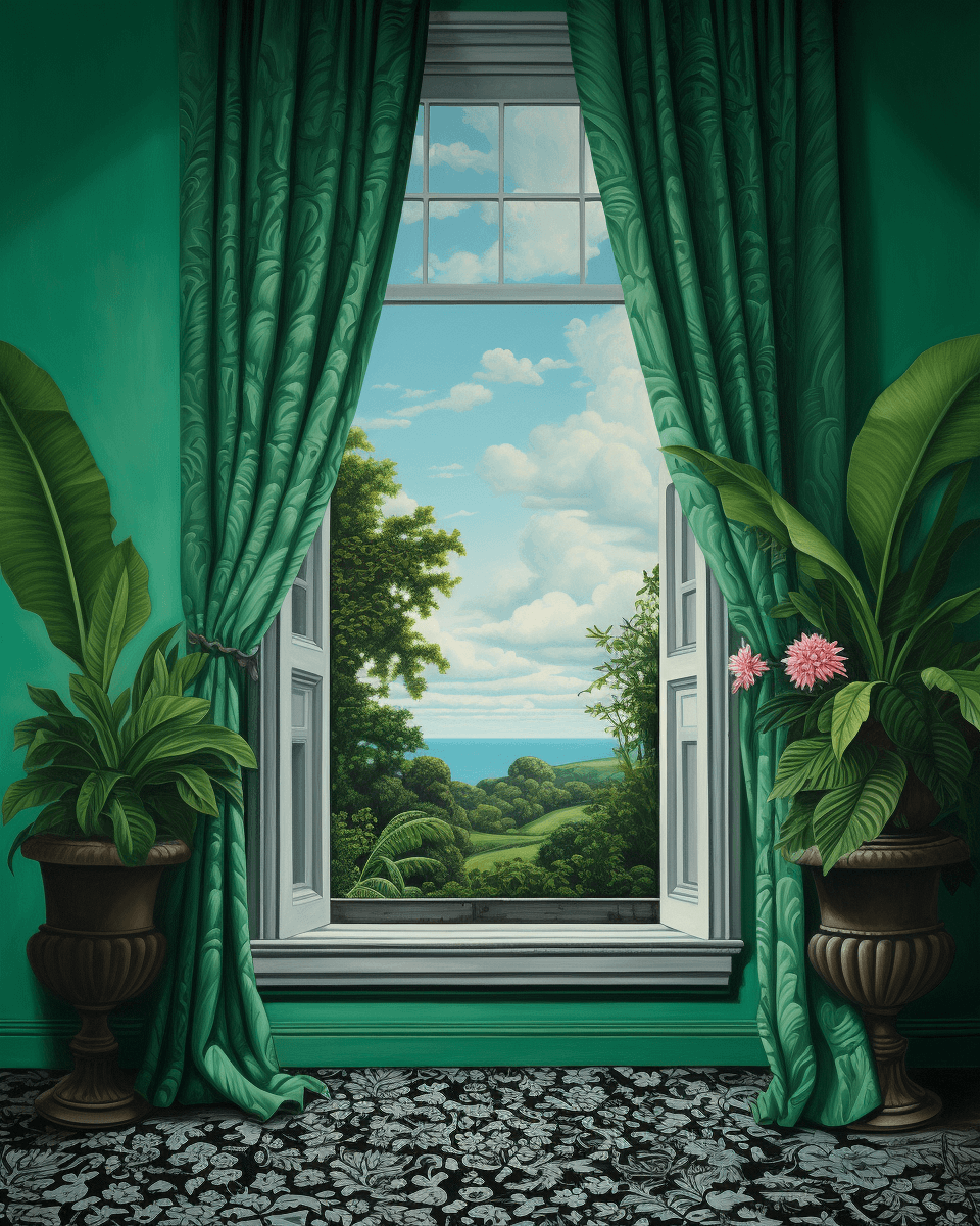 AI generated: simple painting of an open window with green steps leading to the outside, there is wallpaper on one...