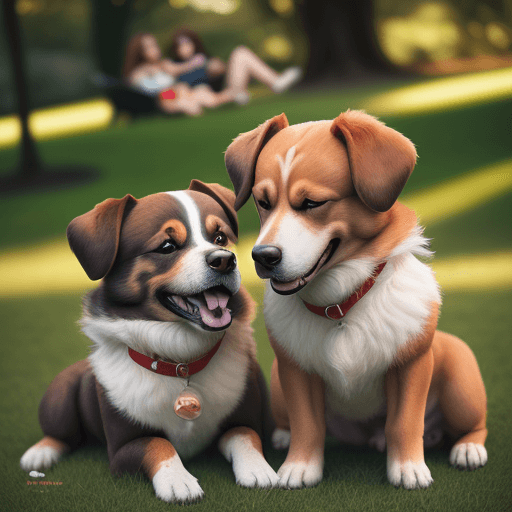 AI generated: Two dogs brincando no parque, , soft fur, warm tones, a moment between friends, in the style of high...